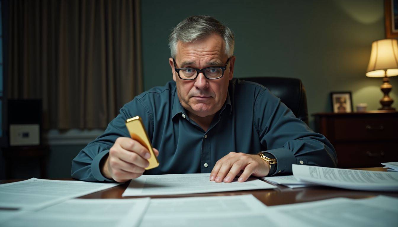 A worried person holds a gold bar surrounded by tax forms.