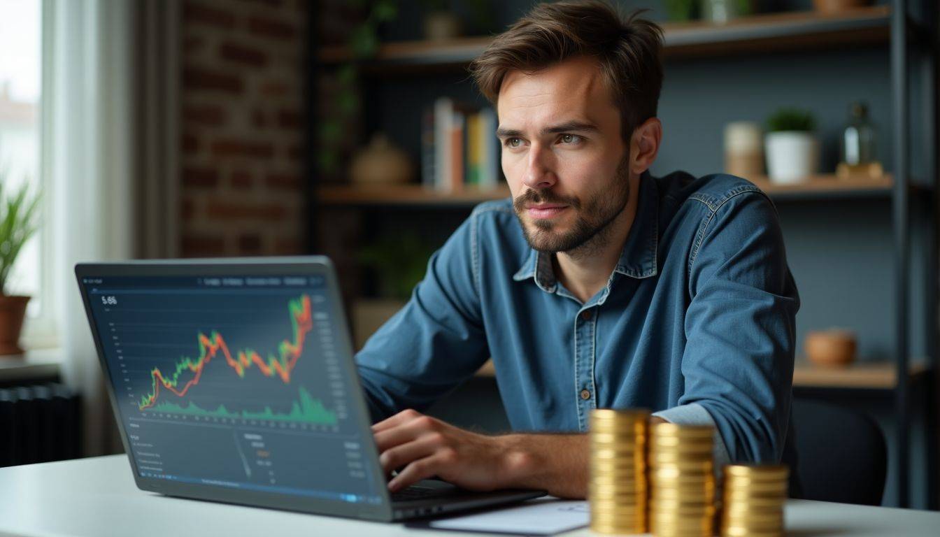 A person sitting at a desk, looking at investment graphs on a laptop.