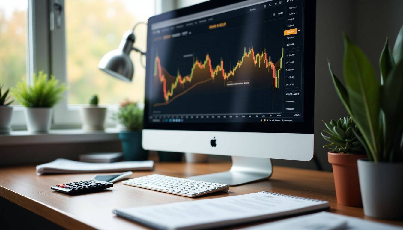 A modern office desk with financial tools and live gold price charts.