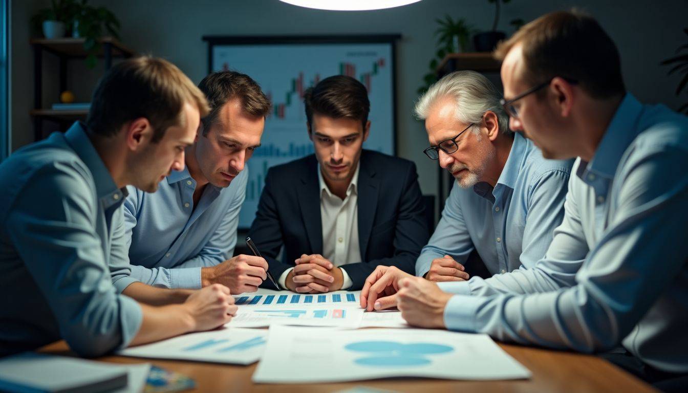 Financial experts analyzing charts and graphs in cluttered office setting.