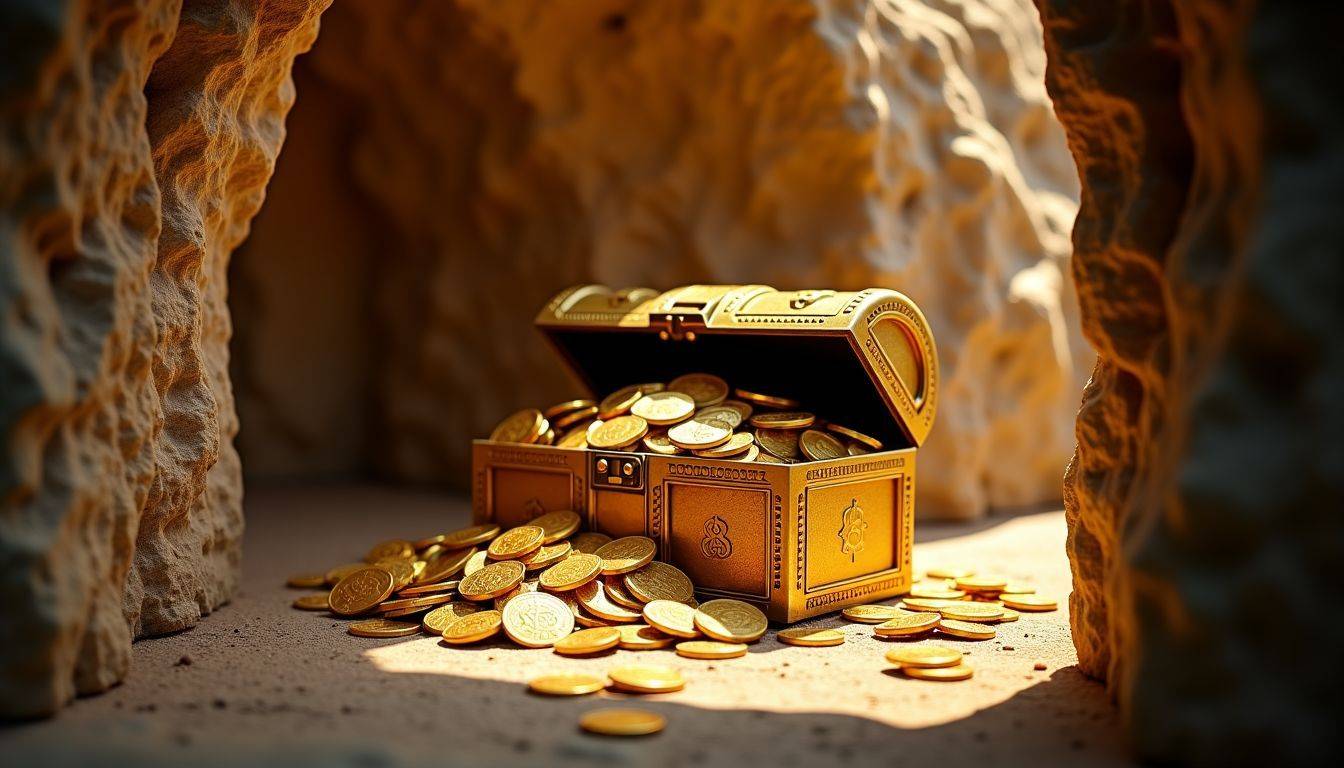 A golden treasure chest filled with shiny coins in an underground vault.