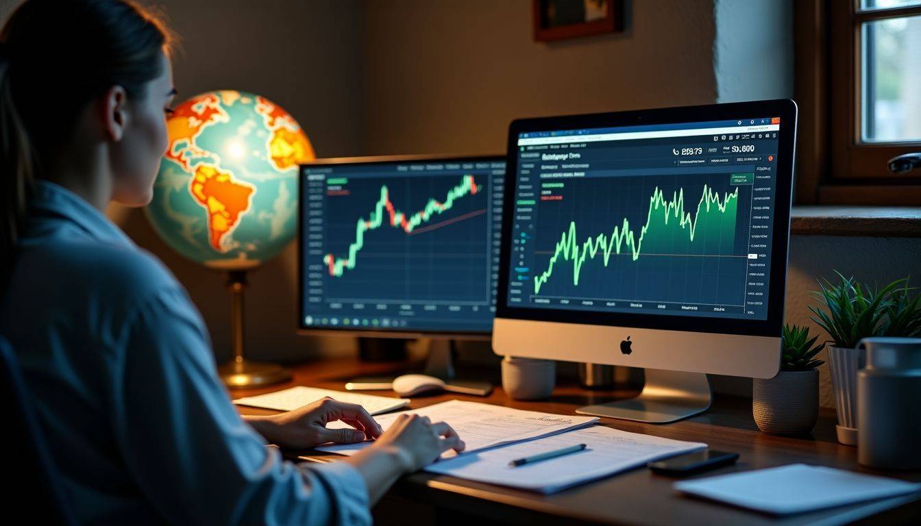 The photo shows a cluttered desk with financial reports and a computer displaying gold prices.