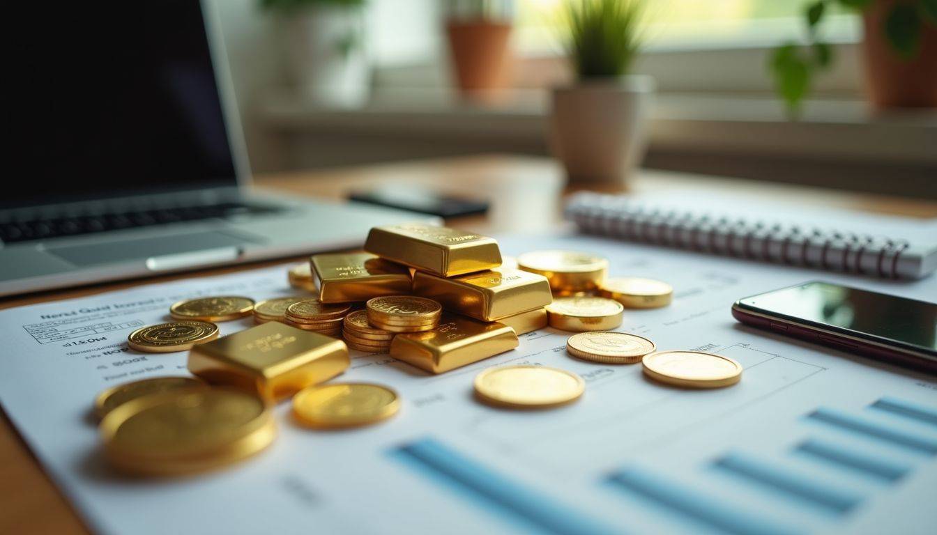 A well-organized desk displaying various gold investment options.