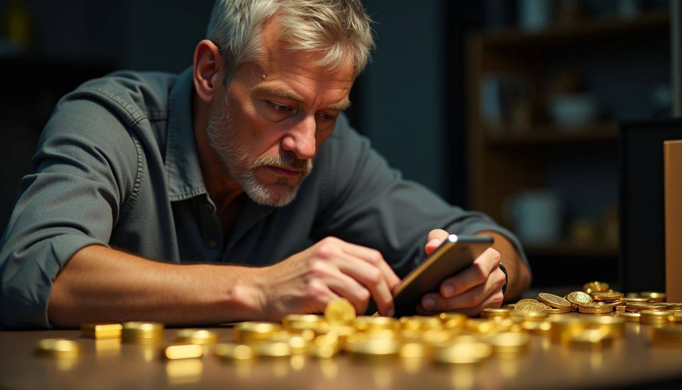 A person examines a collection of gold for investment.