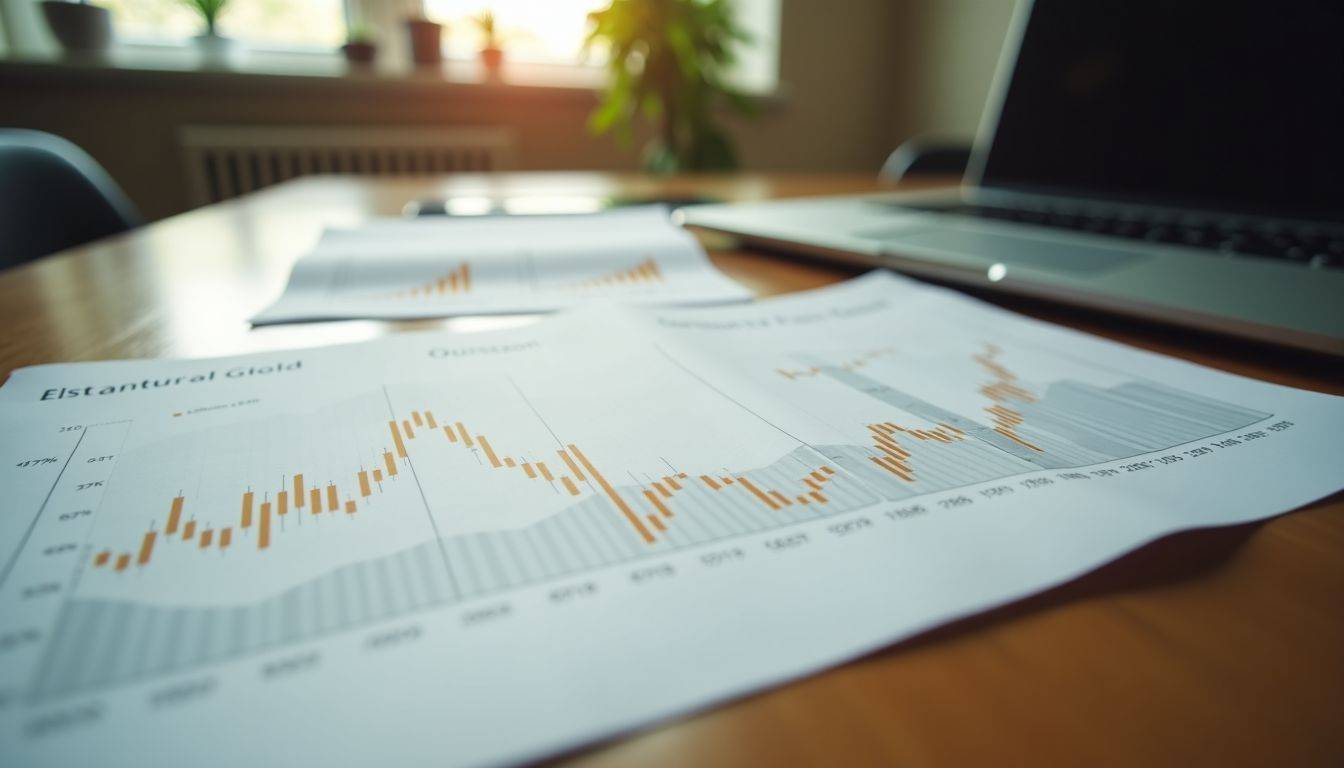 A desk covered with financial charts and reports on gold prices.