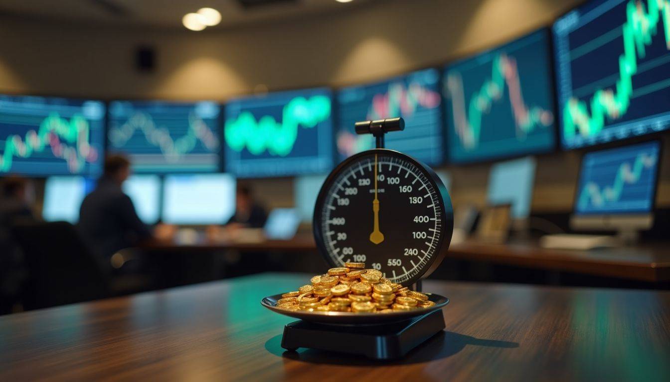 A precision scale displaying changing gold prices in a trading room.