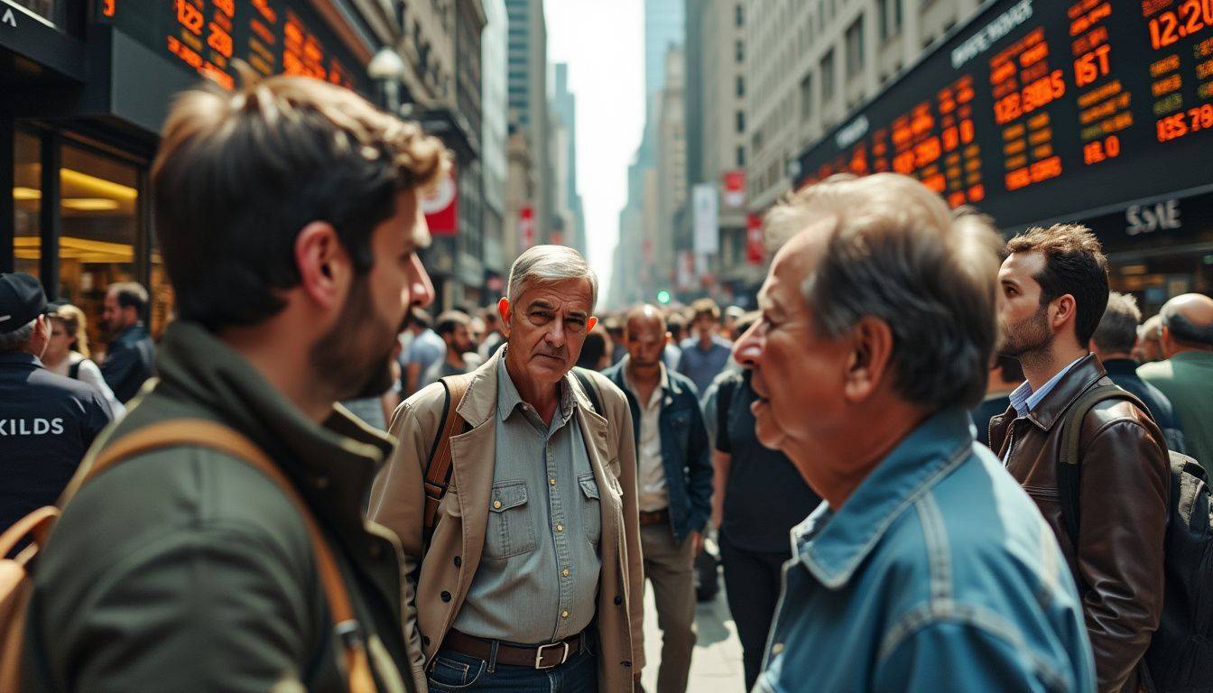 People in a financial district checking gold prices on electronic boards.