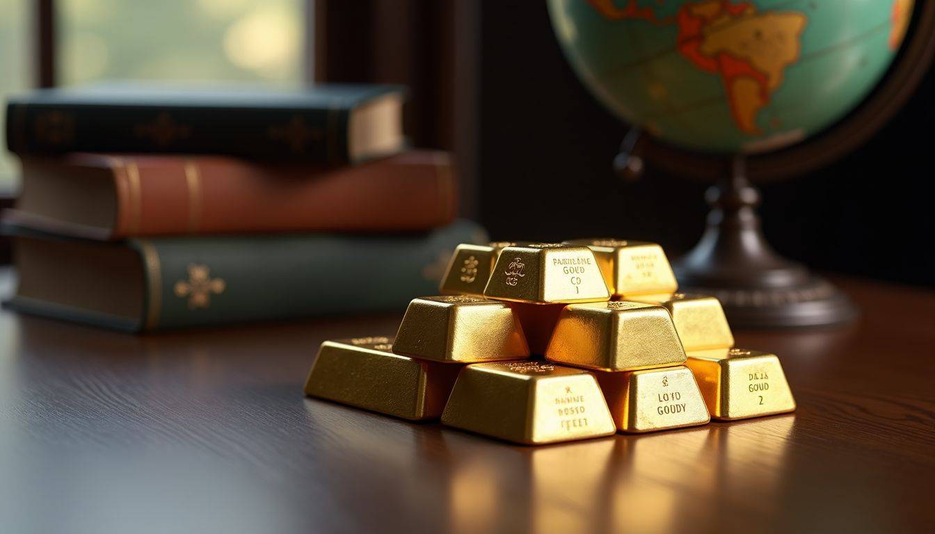 A stack of gold bars on a dark wooden table with vintage items in the background.