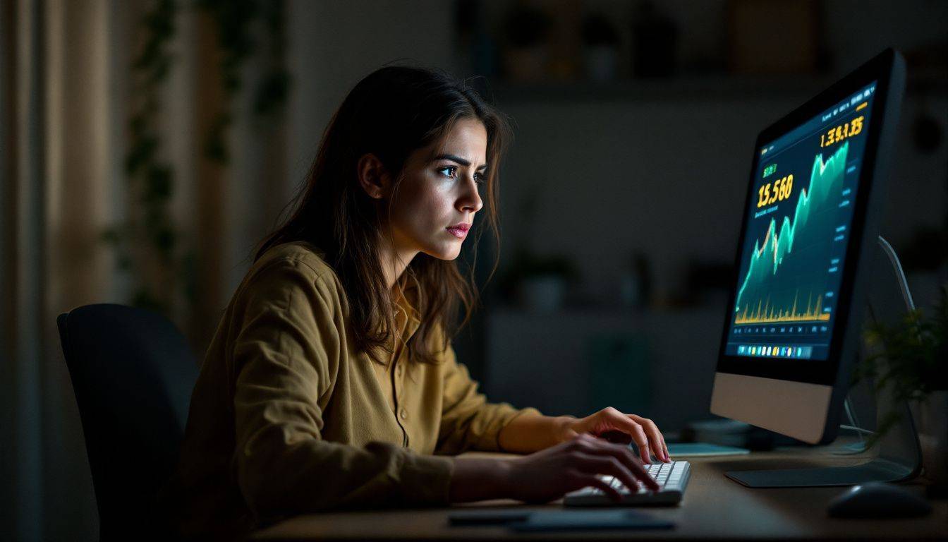 A woman in her 30s looks anxious while monitoring gold prices.