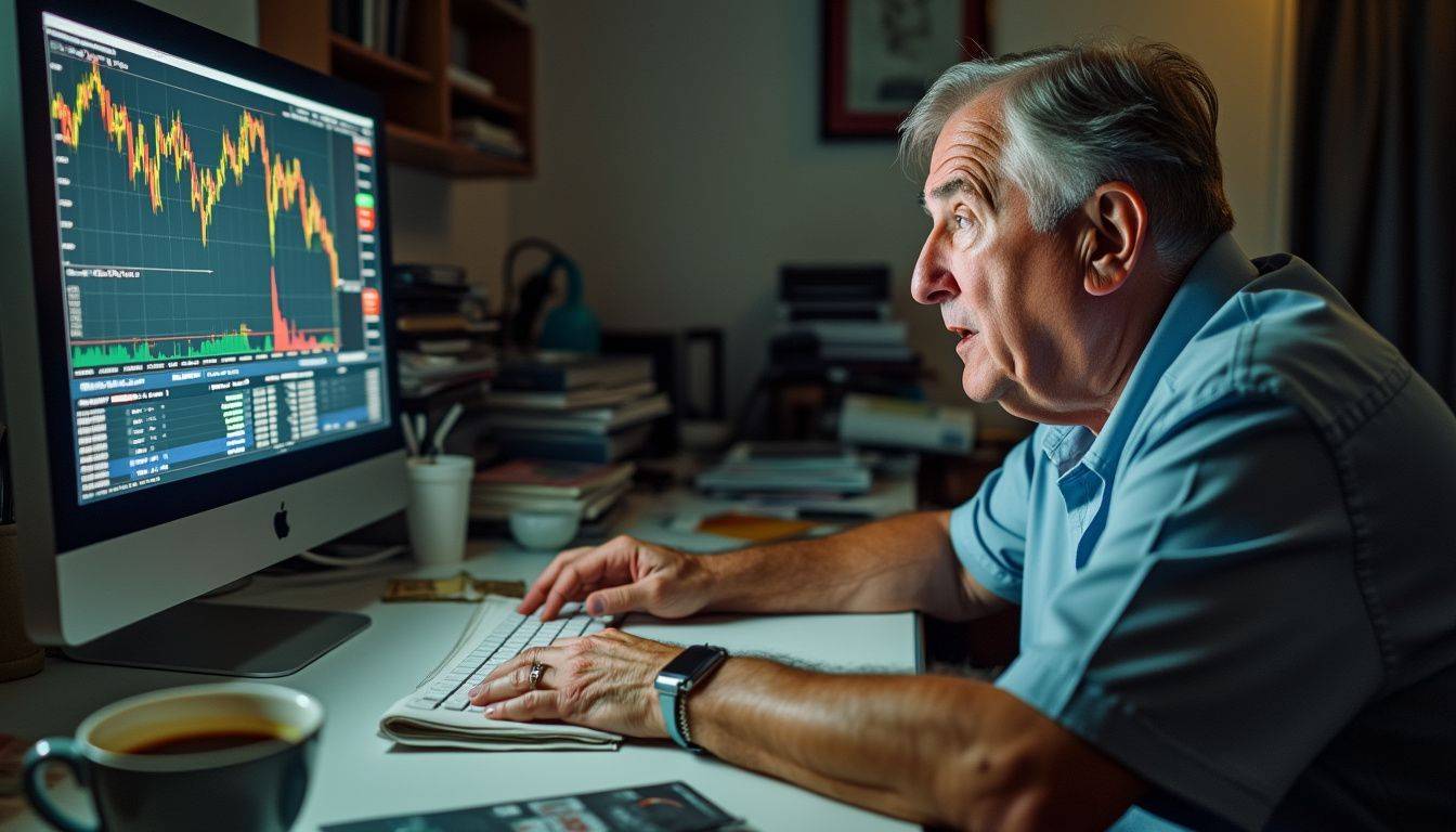 A man in a cluttered home office monitors fluctuating gold prices.