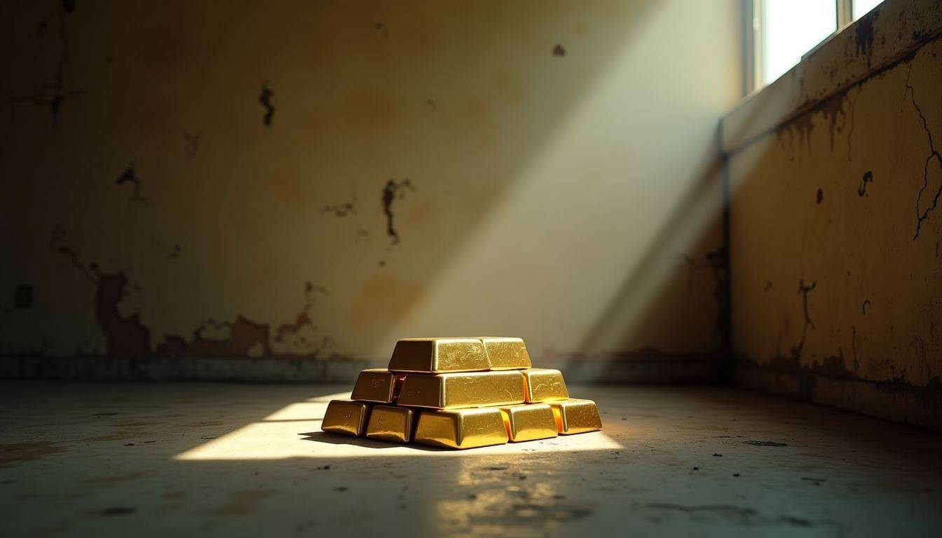 A stack of gold bars in a dim, dilapidated room.