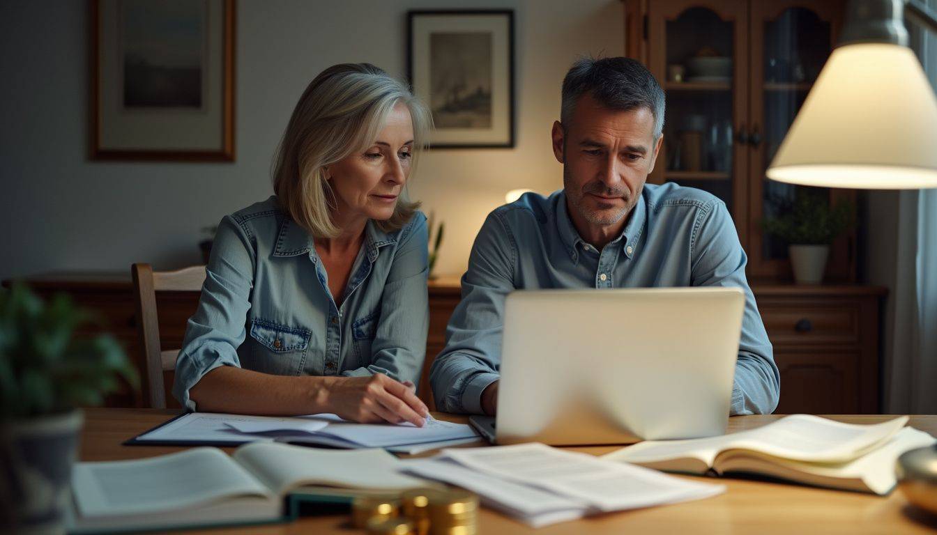 A couple reviewing financial documents and investment books at their dining table.