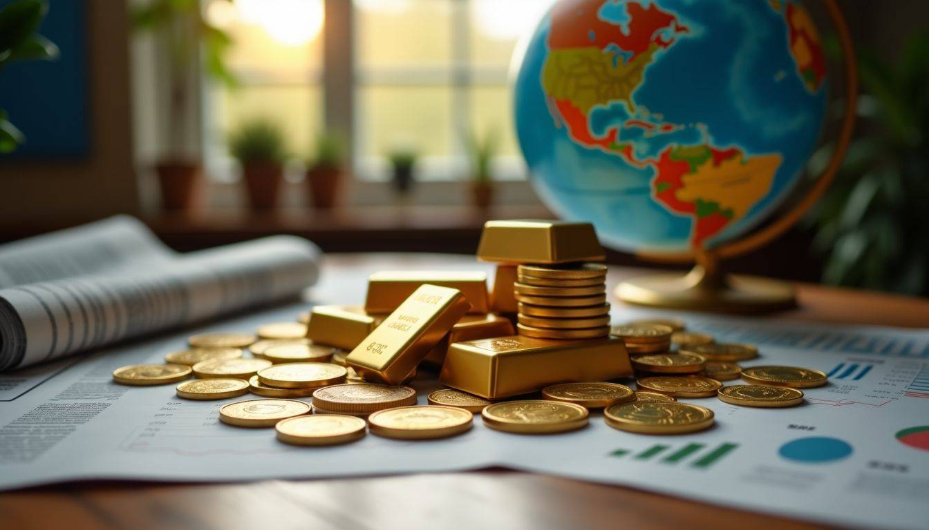 An arrangement of gold coins and bars on a table with financial newspapers and a globe, suggesting a theme of global economics.