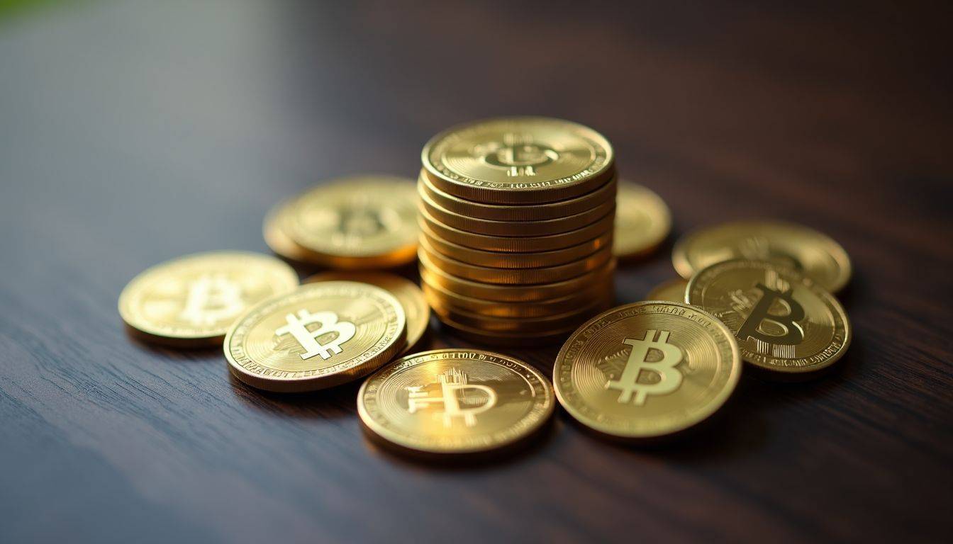 A stack of gold coins on a polished wooden table.