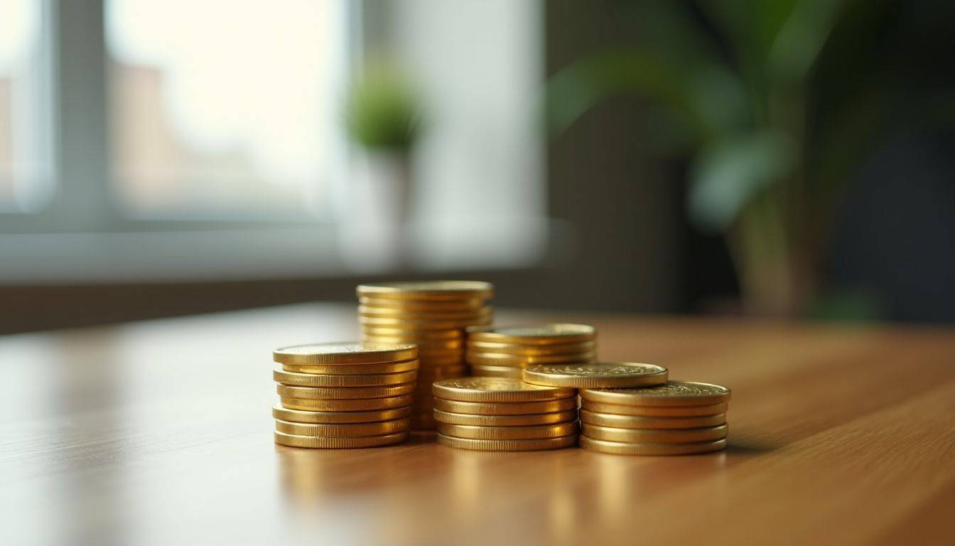 A stack of gold coins on a wooden table.