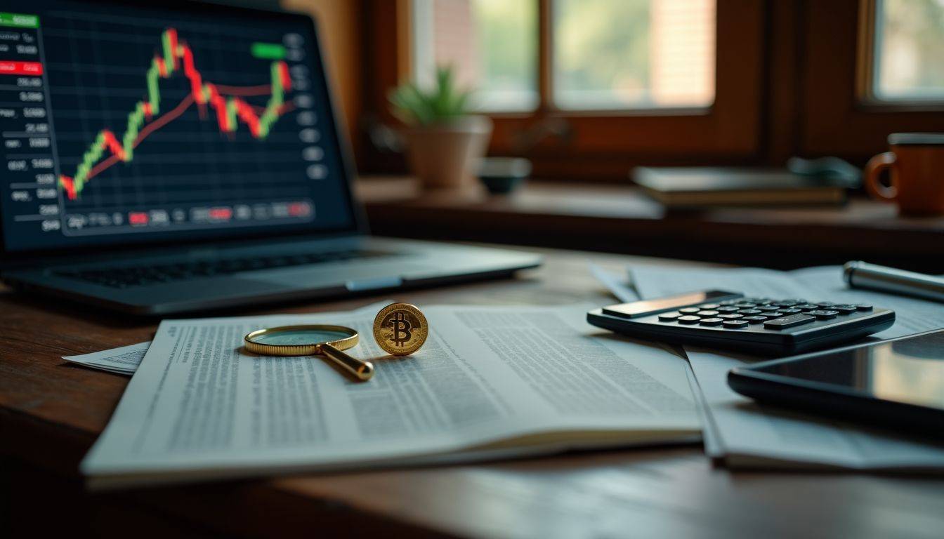 A cluttered vintage desk with financial newspapers, gold rates, and a calculator.