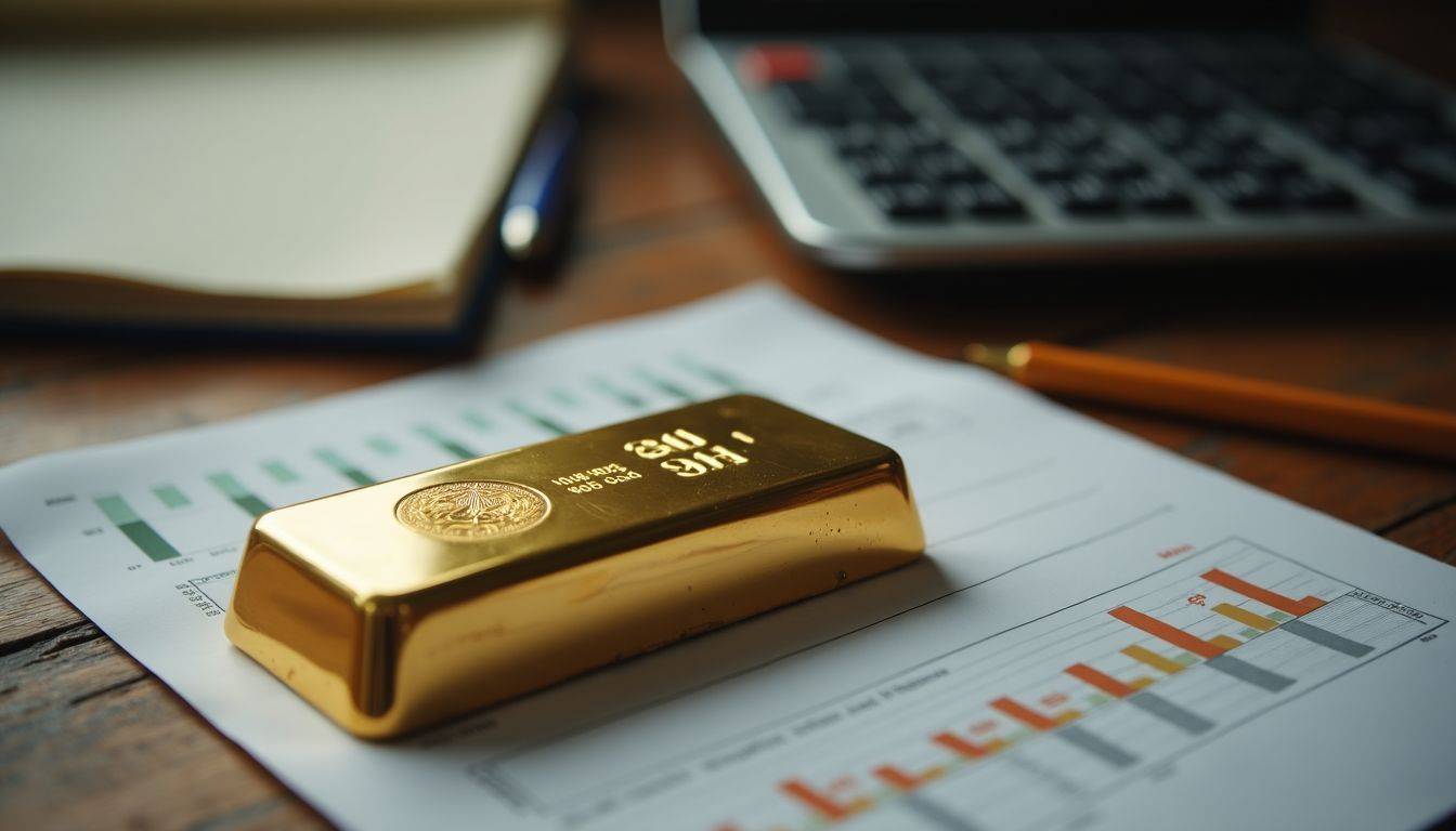 A gold bar on a desk with financial documents and a calculator.