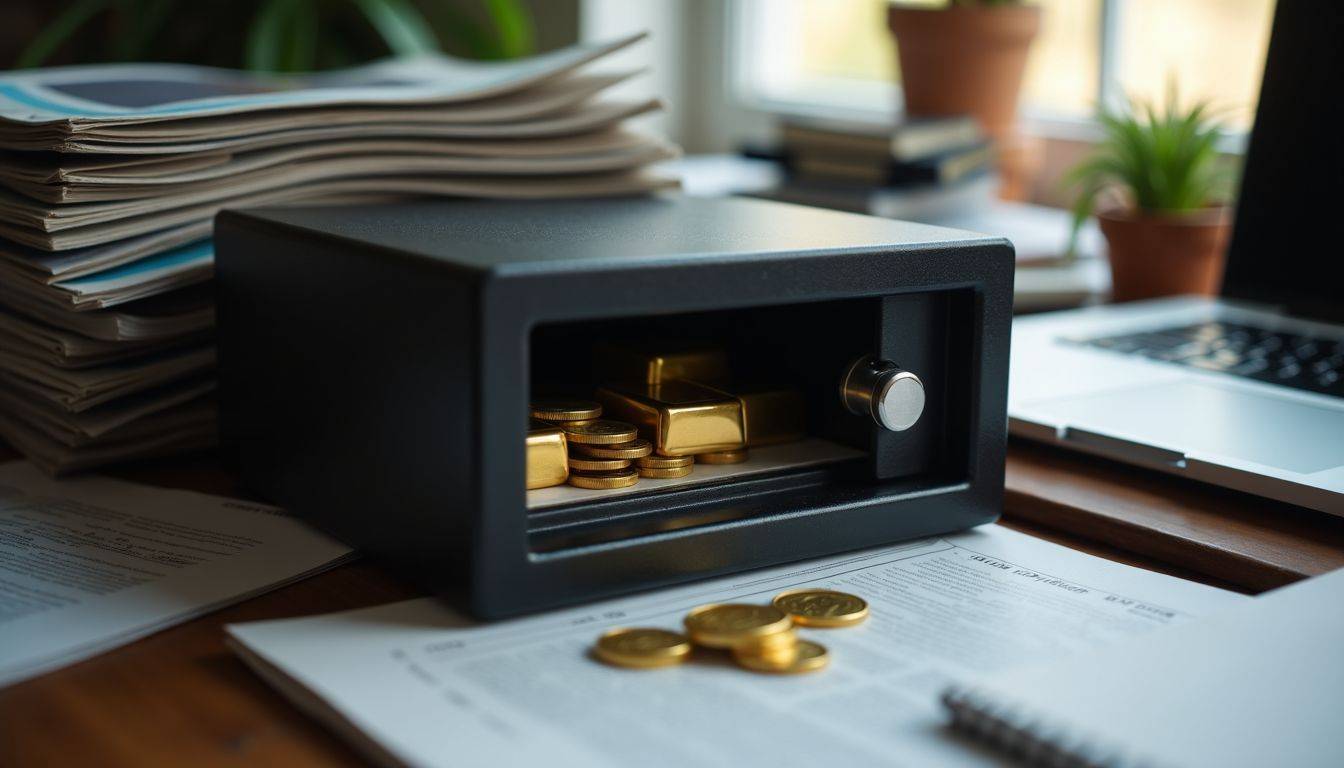 A small safe with gold coins and bars partially concealed on a cluttered desk.