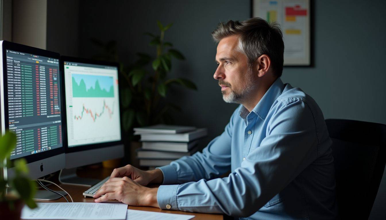 A man at cluttered desk trades gold stocks using market analysis.