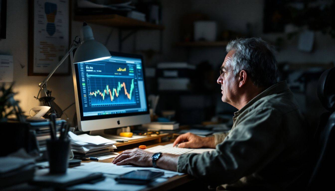 A middle-aged man analyzes gold price charts in a cluttered home office.