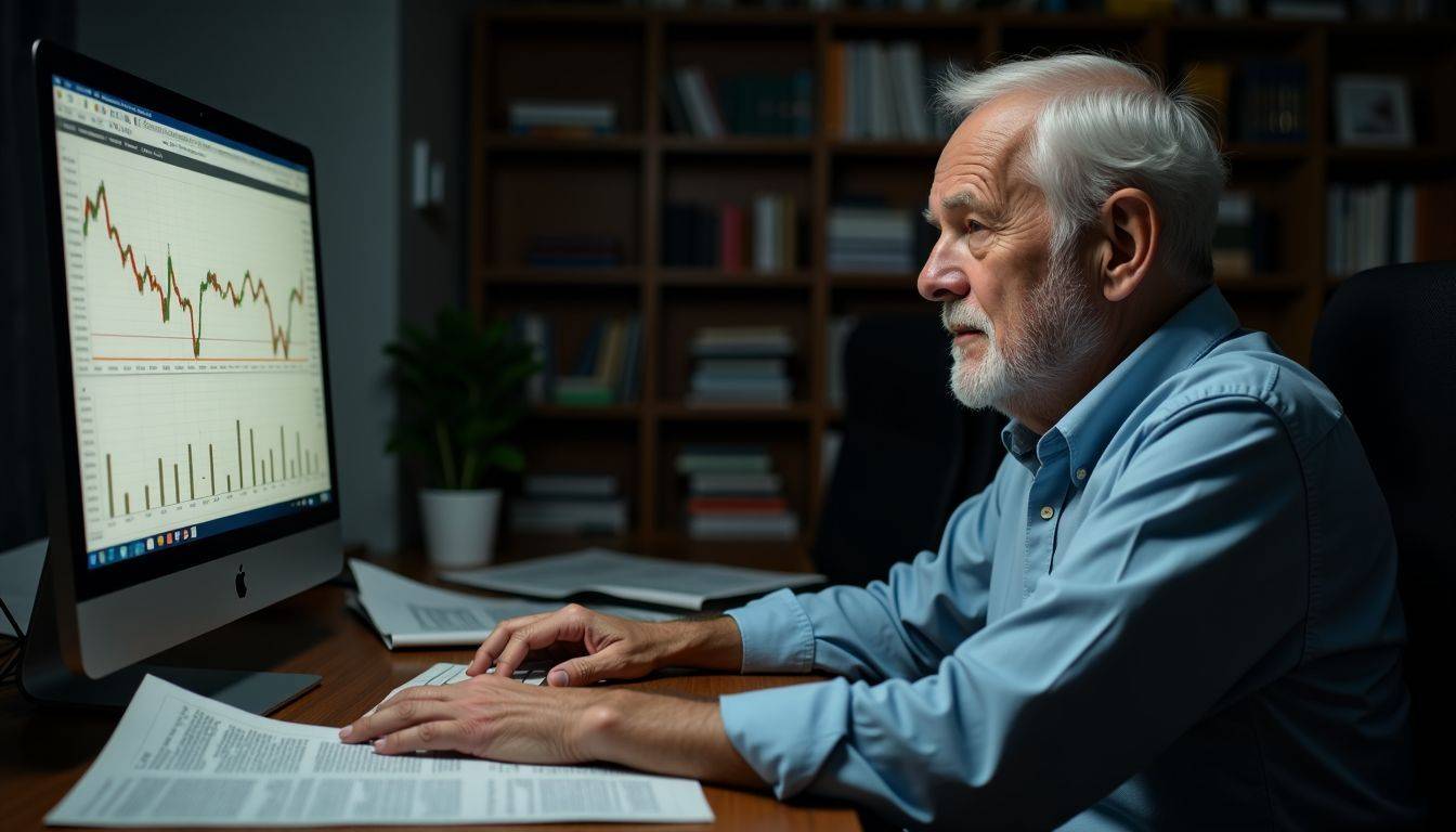 Elderly man closely monitors gold prices in his dimly lit study.