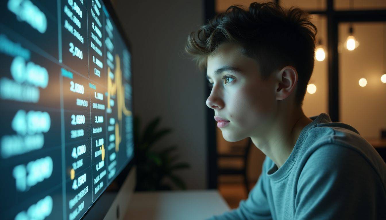 A young investor analyzing gold prices in a modern office.