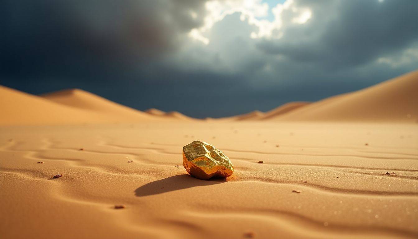 A single gold nugget in a barren desert under storm clouds.