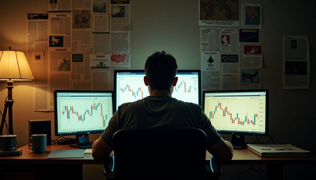 A person surrounded by financial data and a flickering computer screen.