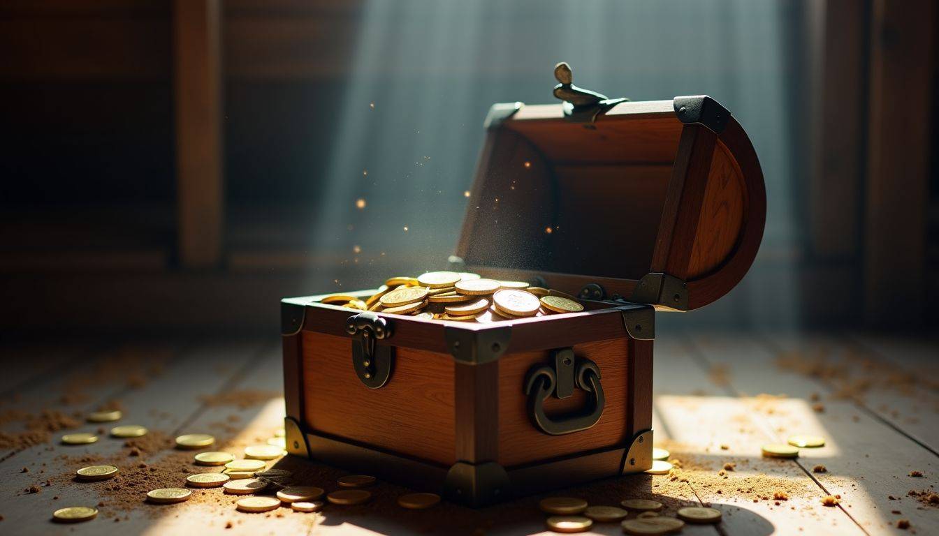 An open wooden chest in an attic filled with gold coins.