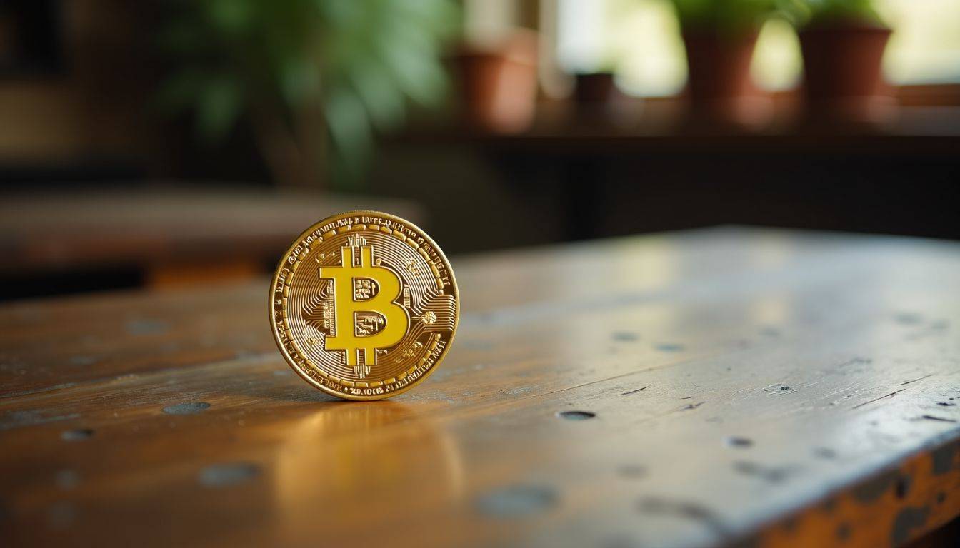 A bright gold coin sits on a worn wooden table, reflecting stability.