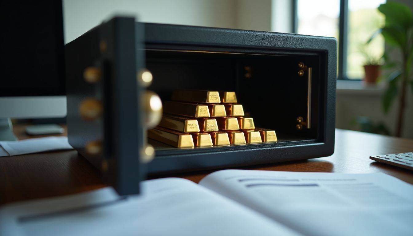 A close-up of a locked safe with shiny gold bars inside.