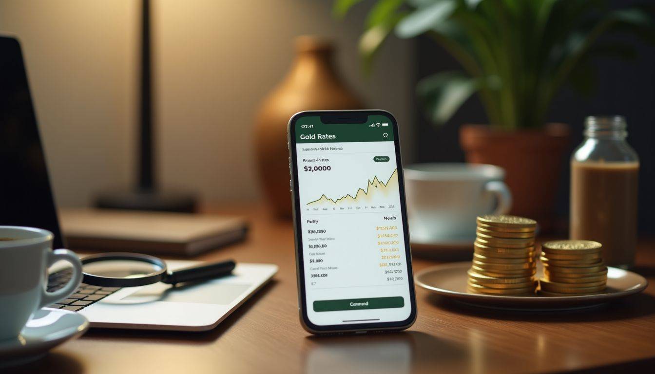 A gold tracking app on a mobile phone in a cozy office.