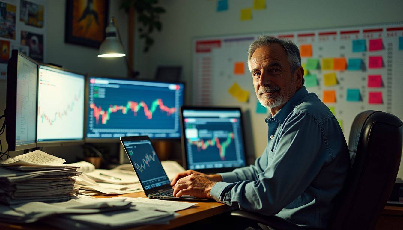 A middle-aged man sits at a messy desk with stacks of newspapers and a laptop displaying real-time gold prices.