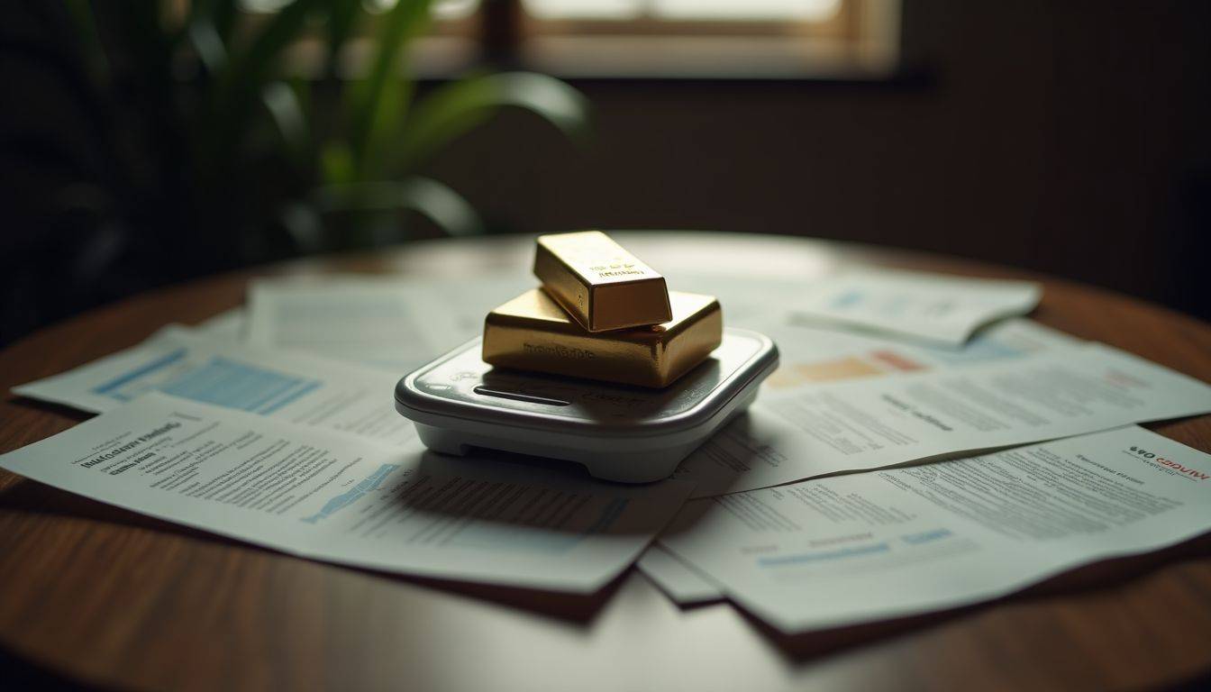 A gold bar on a scale surrounded by economic reports.