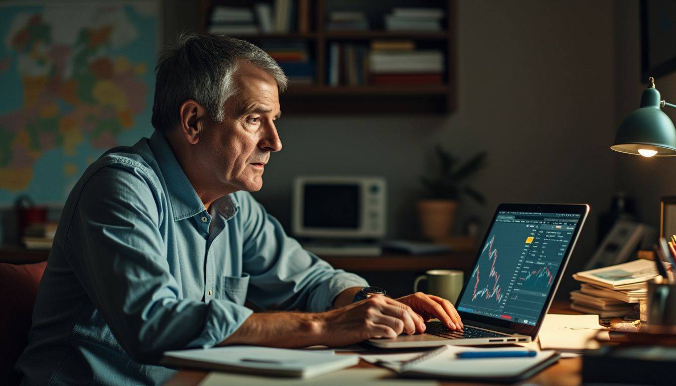 A man sits at a cluttered desk, focused on a laptop displaying a gold price graph.