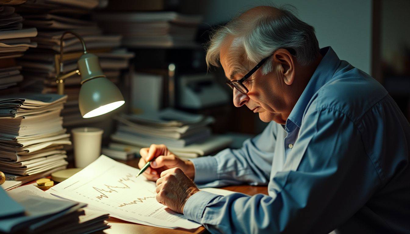 An elderly man looks at gold price graph on cluttered desk.