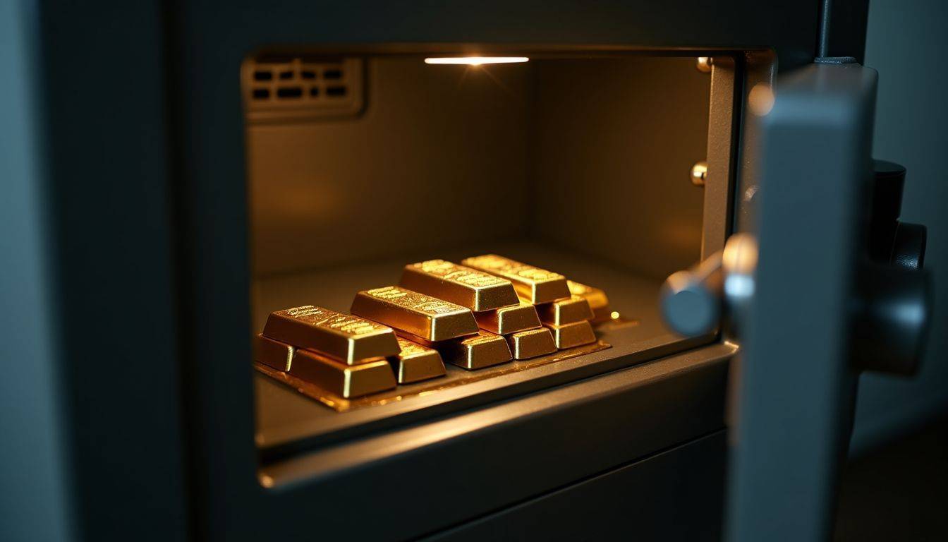 A locked safe with a collection of gold bars.