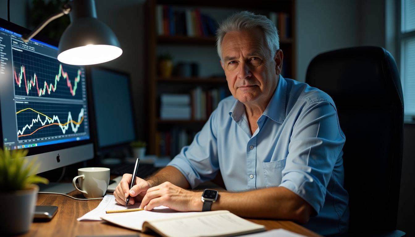 An elderly man focused on analyzing gold rate trends in a messy office.