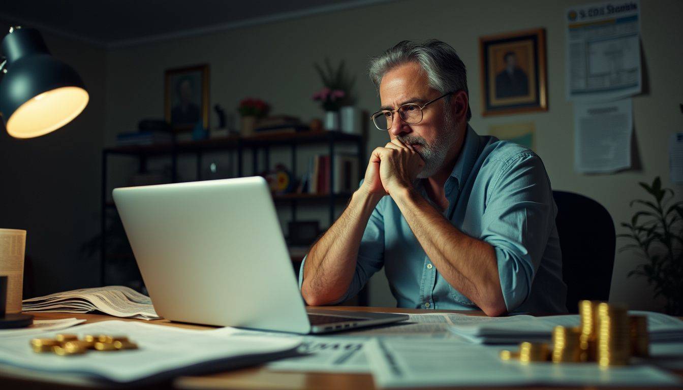 A man at a cluttered desk focuses on gold rates.