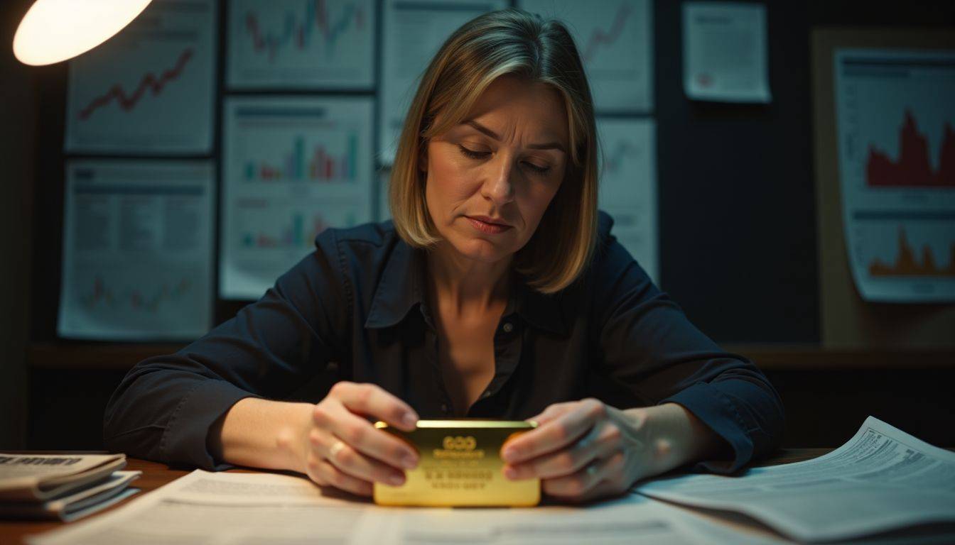 A middle-aged woman studies a gold bar in a financial setting.