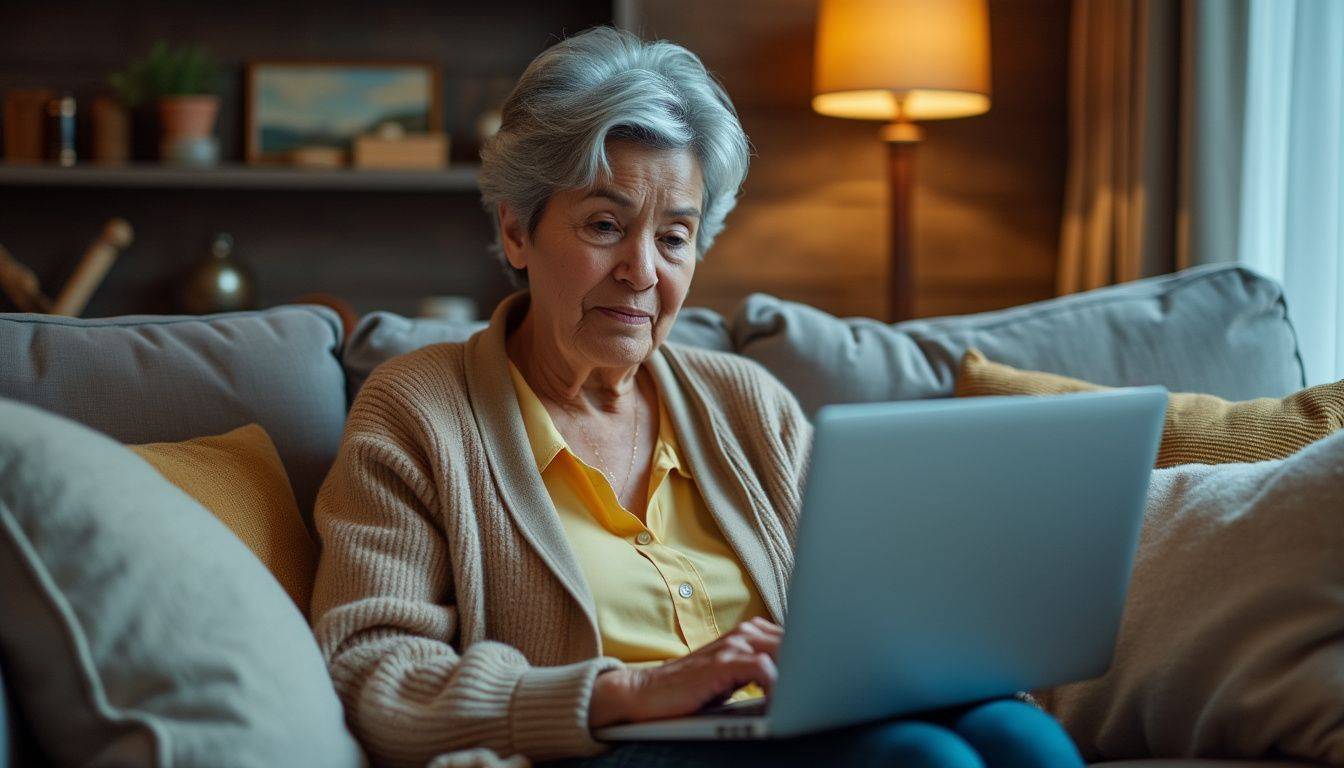 An elderly woman is researching gold investment options on her laptop.