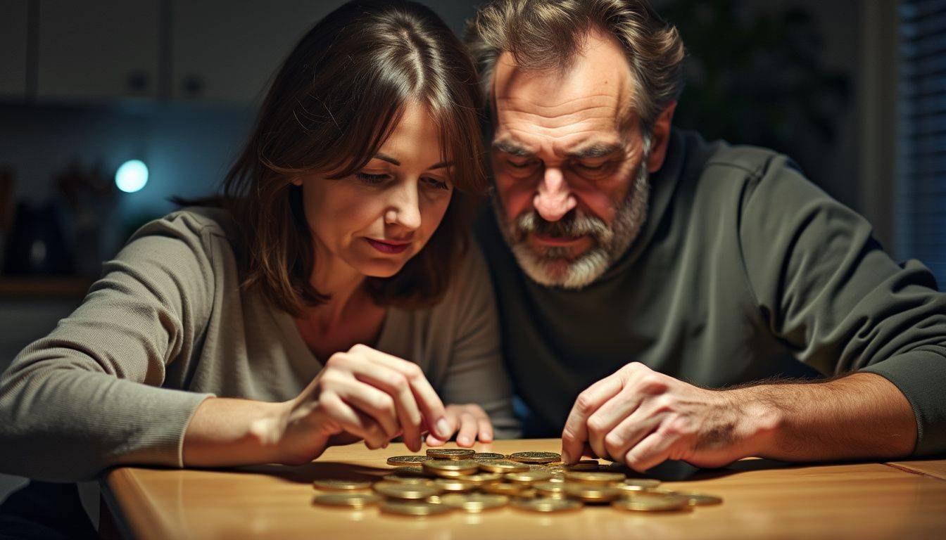 A middle-aged couple examining a collection of gold coins at home.